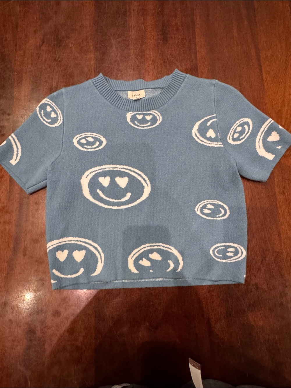 debut Blue Knit Tee with Cream Heart-Smiley Motifs